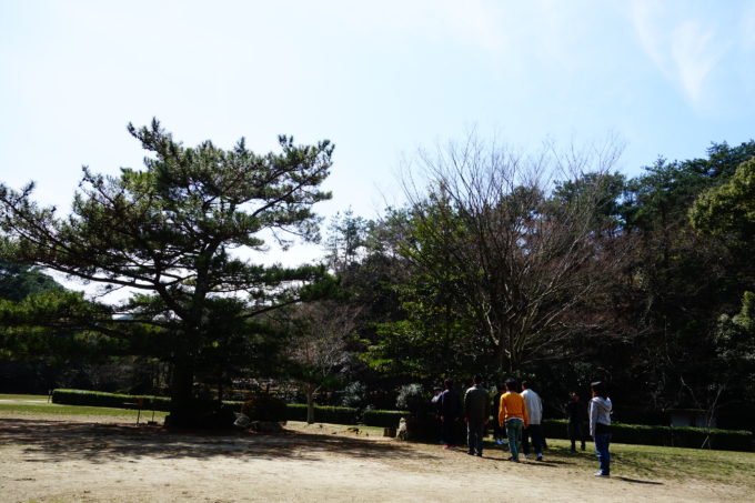 広い広場に植えられた大きな木の前で佇む研修生